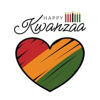 contento kwanzaa linda saludo tarjeta con corazón símbolo con mano dibujado ataque, 3 rayas colores de africano bandera y con tradicional kinara Siete velas para kwanza. vector