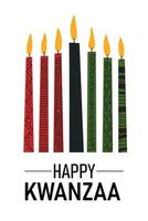 Happy Kwanzaa greeting card with hand drawn kinara seven candles and text. Template for African American heritage holiday. Vector illustration isolated on white