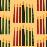 Seamless pattern background for Kwanzaa, print with hand drawn kinara seven candles decorated with ethnic ornament. African American heritage holiday. Vector background.
