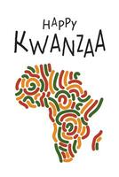 Happy Kwanzaa greeting card. Decorative silhouette of African continent with abstract lines ornament in color of Pan African flag - red, yellow, green, simple text logo. Kwanza vertical banner vector