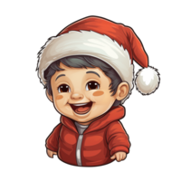 realistic illustration christmas sticker of a kid wearing santa's hat, ai generative png