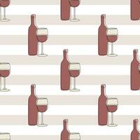 Red wine bottle and glass, line art illustration, endless line drawing. Vector seamless pattern.