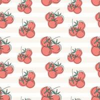 Bunch of ripe tomatoes on a branch, vector seamless pattern with line art isolated illustration.