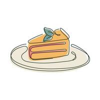 A piece of cake on a plate with a mint leaf, vector isolated illustration in line-art style.