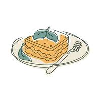 Lasagna on a plate with fork and spinach leaf, vector isolated line art illustration of italian food.