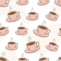 Cup of hot tea or coffee, illustration in line art style, endless line drawing. Vector seamless pattern.