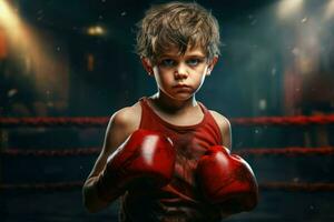 AI generated Fearless Little boy boxing ring. Generate Ai photo