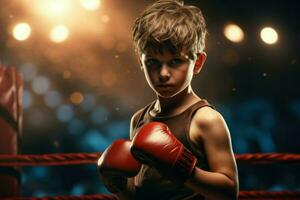 AI generated Fearless Little boy boxing ring. Generate Ai photo