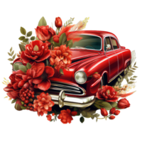 AI generated Retro car toy with red roses flowers with transparent background png