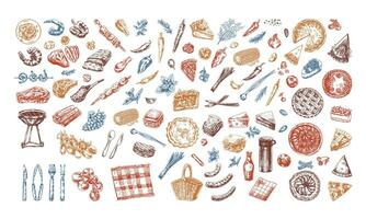 A set of hand-drawn sketches of barbecue and picnic elements. For the design of the menu of restaurants and cafes, grilled food. Doodle vintage illustration. Engraved image. vector