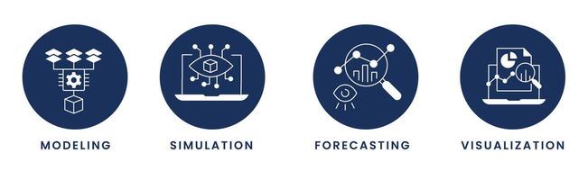 Unveiling the Future. Modeling, Visualization, Simulation, Forecasting. Editable Stroke and Colors. vector