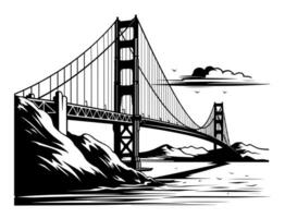 dorado portón puente a través de el estrecho. san francisco vector ilustración en grabado estilo. plantilla