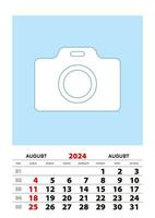 August 2024 calendar planner A3 size with place for your photo. vector