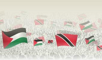 Palestine and Trinidad and Tobago flags in a crowd of cheering people. vector