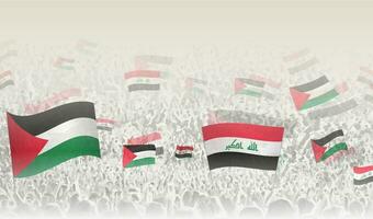 Palestine and Iraq flags in a crowd of cheering people. vector