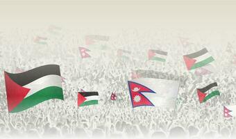 Palestine and Nepal flags in a crowd of cheering people. vector