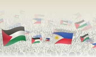 Palestine and Philippines flags in a crowd of cheering people. vector