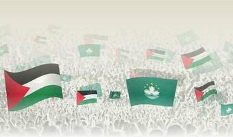 Palestine and Macau flags in a crowd of cheering people. vector