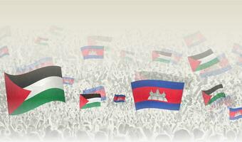 Palestine and Cambodia flags in a crowd of cheering people. vector