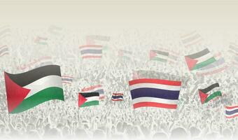 Palestine and Thailand flags in a crowd of cheering people. vector