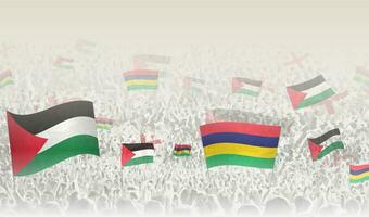 Palestine and Mauritius flags in a crowd of cheering people. vector
