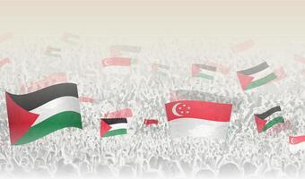 Palestine and Singapore flags in a crowd of cheering people. vector