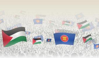 Palestine and ASEAN flags in a crowd of cheering people. vector