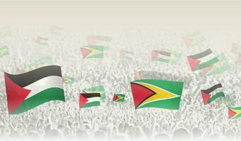 Palestine and Guyana flags in a crowd of cheering people. vector