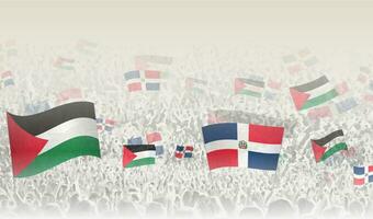 Palestine and Dominican Republic flags in a crowd of cheering people. vector