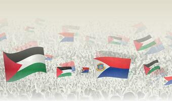 Palestine and Sint Maarten flags in a crowd of cheering people. vector