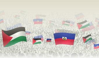 Palestine and Haiti flags in a crowd of cheering people. vector