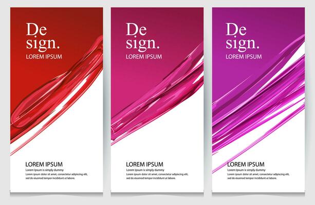 three banners with abstract shapes and red and purple colors