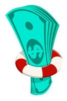 Bundle of dollars in lifebuoy. Saving money or protecting money investment and safety with insurance concept vector