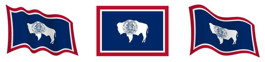 bandera de americano estado de Wyoming en estático posición y en movimiento, revoloteando en viento en exacto colores y tamaños, en blanco antecedentes vector