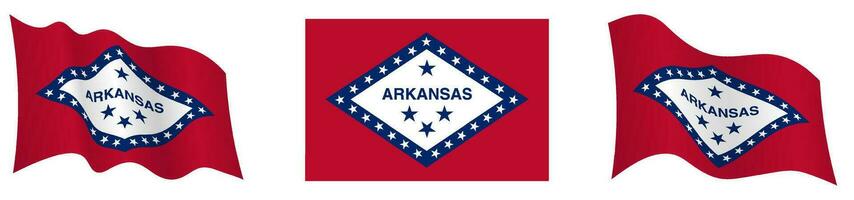 bandera de americano estado de Arkansas en estático posición y en movimiento, revoloteando en viento en exacto colores y tamaños, en blanco antecedentes vector