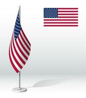 flag of United States of America on flagpole for registration of solemn event, meeting foreign guests. National independence day of USA. Realistic 3D vector on white