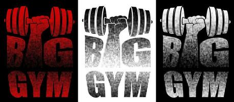 GYM or fitness emblem. Inscription with big gym name from dots with letters I in form of athlete hand with dumbbells. Design element, print for clothes. Vector