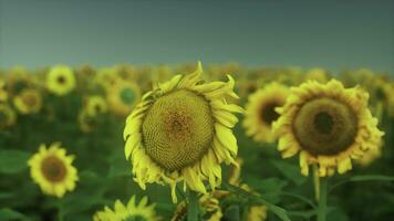 veld- met geel zonnebloemen Bij zonsondergang in zomer. video