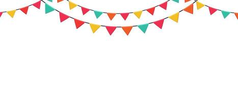 Garland of colored flags horizontal banner. Carnival garlands entertainment events. Festive vector background in flat cartoon style on a white background
