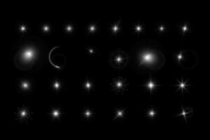 Light shining stars, glare light effects, Shiny illuminated elements on black background. Vector isolate special effects