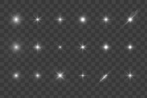 ligero brillante estrellas, destello ligero efectos, brillante iluminado elementos en un transparente antecedentes. vector aislar especial efectos