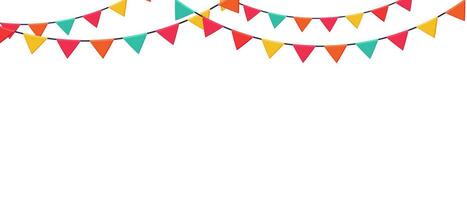 Garland of colored flags horizontal banner. Festive vector background in flat cartoon style on a white background