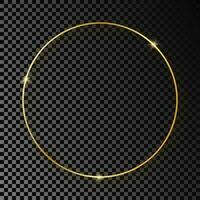 Gold glowing circle frame with shadow isolated on dark background. Shiny frame with glowing effects. Vector illustration.