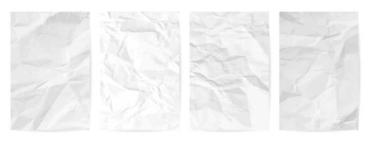 White clean crumpled paper background. Set of four vertical crumpled empty paper templates for posters and banners. Vector illustration