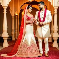 AI generated Indian groom dressed in white Sherwani and red hat with stunning bride in red lehenga stand and hold each hands walking outside photo