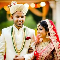 AI generated Indian groom dressed in white Sherwani and red hat with stunning bride in red lehenga stand and hold each hands walking outside photo