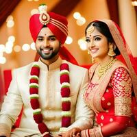 AI generated Indian groom dressed in white Sherwani and red hat with stunning bride in red lehenga stand and hold each hands walking outside photo