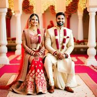 AI generated Indian groom dressed in white Sherwani and red hat with stunning bride in red lehenga stand and hold each hands walking outside photo