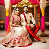 AI generated Indian groom dressed in white Sherwani and red hat with stunning bride in red lehenga stand and hold each hands walking outside photo