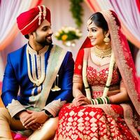 AI generated Indian groom dressed in white Sherwani and red hat with stunning bride in red lehenga stand and hold each hands walking outside photo